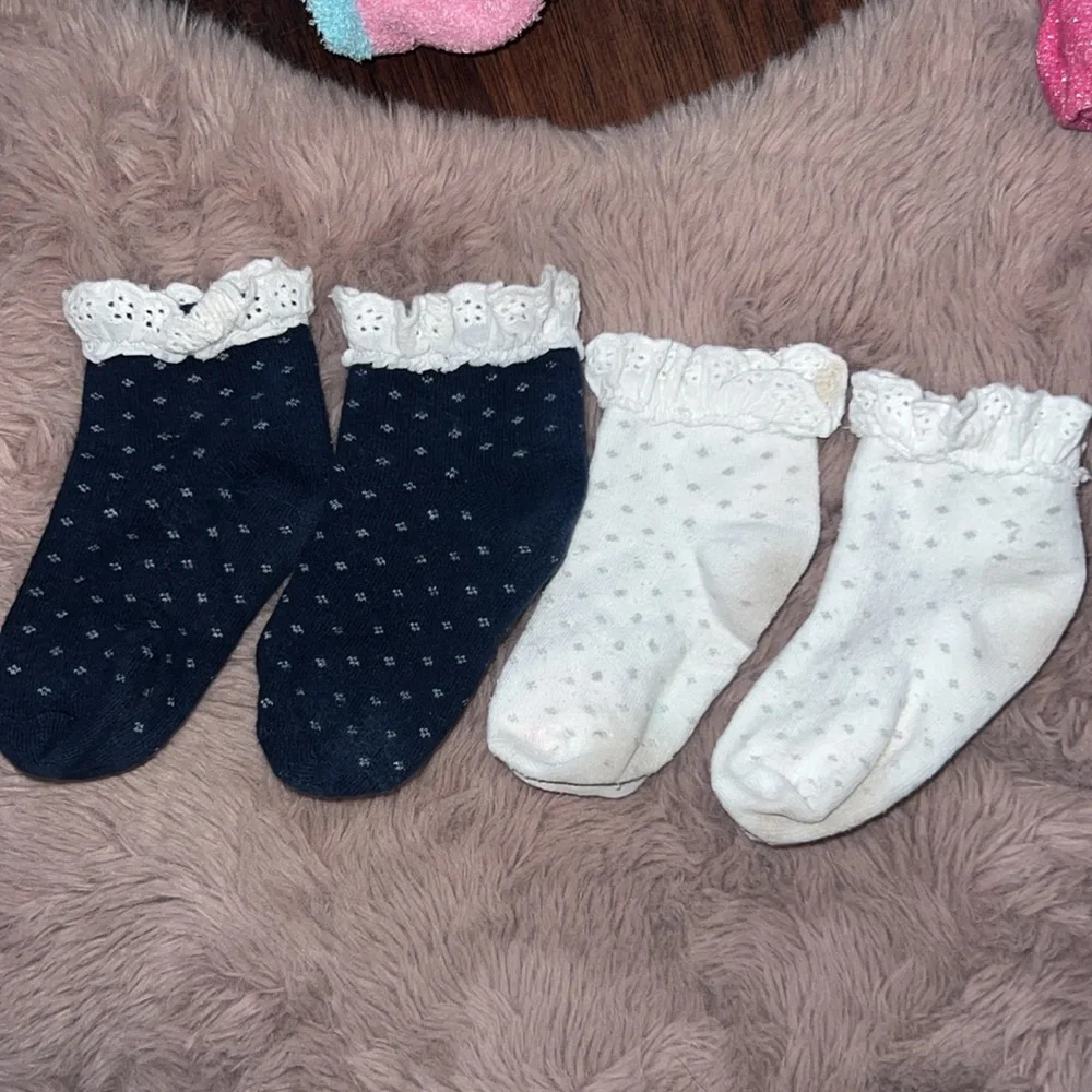Set of 2 little kids ruffle eyelet lace socks navy blue and white w/ polka dots